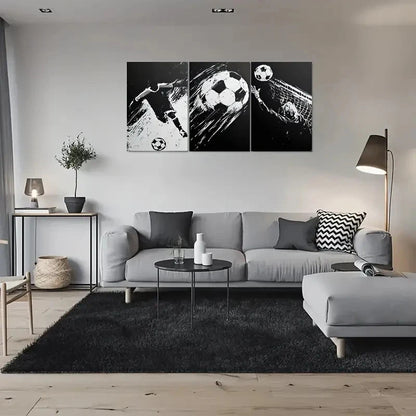 3pcs Black & White Soccer Dynamic Football Metal Print Ready to Hang Art