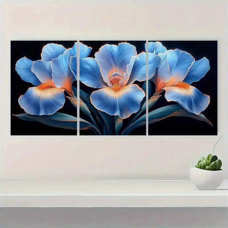 3pcs Purple Irises Green Leaves Dark Background Metal Print Ready to Hang Art