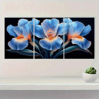 3pcs Purple Irises Green Leaves Dark Background Metal Print Ready to Hang Art