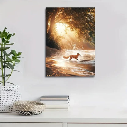 Enchanting Fox Splashing in Water Scene Painting 40x60cm Metal Print Ready to Hang