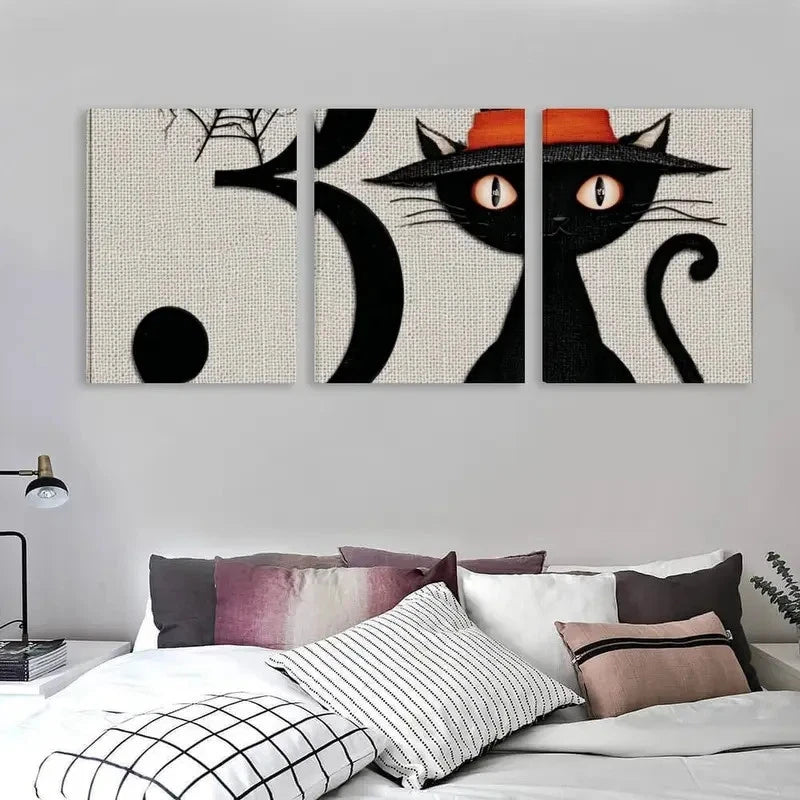 3pcs Spooky Black Cat In A Hat Decor  Wall Art Set Canvas Framed 60x90cm - High Quality Print 100% Australian Made Wall Canvas Ready to Hang