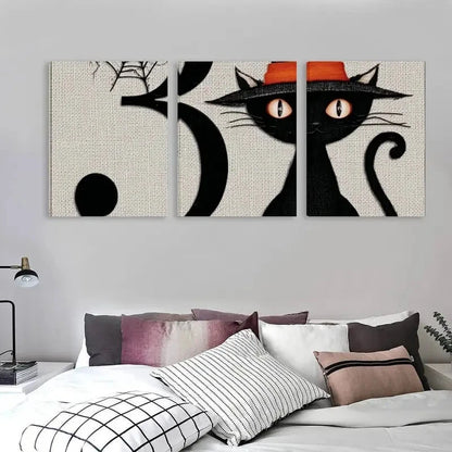 3pcs Spooky Black Cat In A Hat Decor  Wall Art Set Canvas Framed 60x90cm - High Quality Print 100% Australian Made Wall Canvas Ready to Hang
