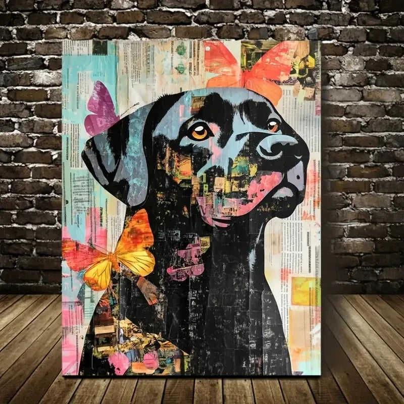 Depicting a Black Labrador Reading Newspapers Painting 40x60cm Metal Print Ready to Hang