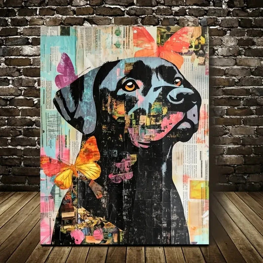 Depicting a Black Labrador Reading Newspapers Painting 40x60cm Metal Print Ready to Hang