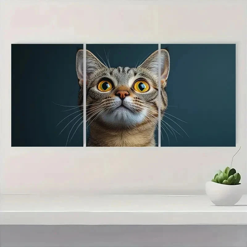 3pcs Surprised Cat Vibrant Painting Metal Print Ready to Hang Art