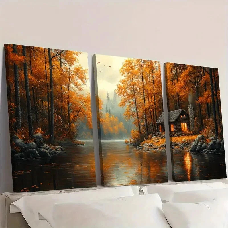 3pcs Cabin In The Woods Lakehouse Decor Wall Art Set Canvas Framed 40x60cm - High Quality Print 100% Australian Made Wall Canvas Ready to Hang