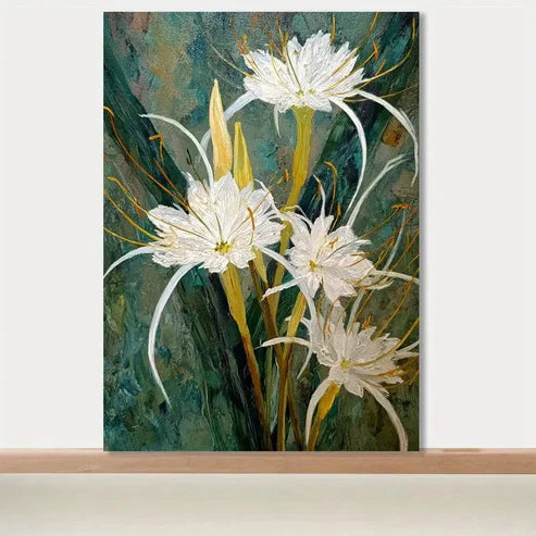 Flowers With Green & Golden Accents Painting 60x90cm Metal Print Ready to Hang