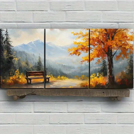 3pcs A Bench Under Autumn Leaves Metal Print Ready to Hang Art