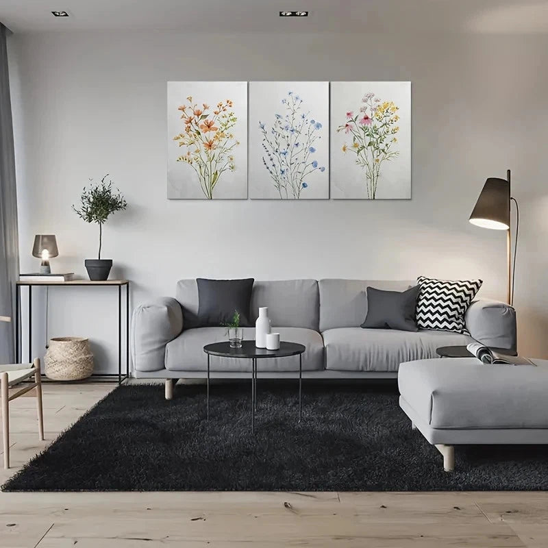 3pcs Watercolor Wildflower Bouquet Metal Print Ready to Hang Art