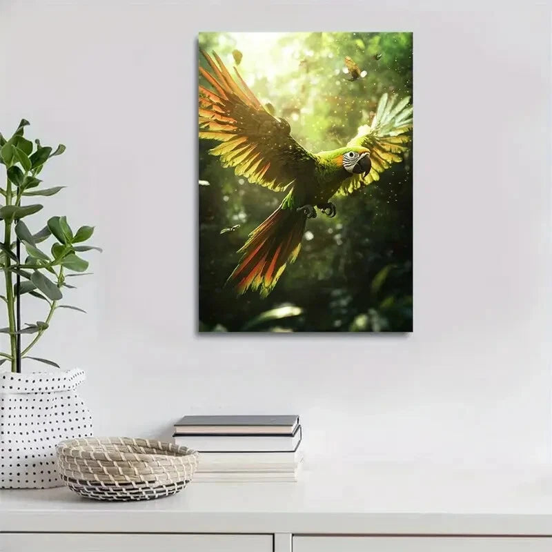 Realistic Parrot Dancing in Magical Forest Painting 40x60cm Metal Print Ready to Hang