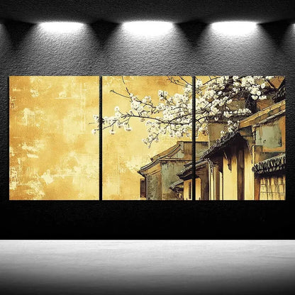 3pcs Traditional Architecture & Plum Blossoms Metal Print Ready to Hang Art
