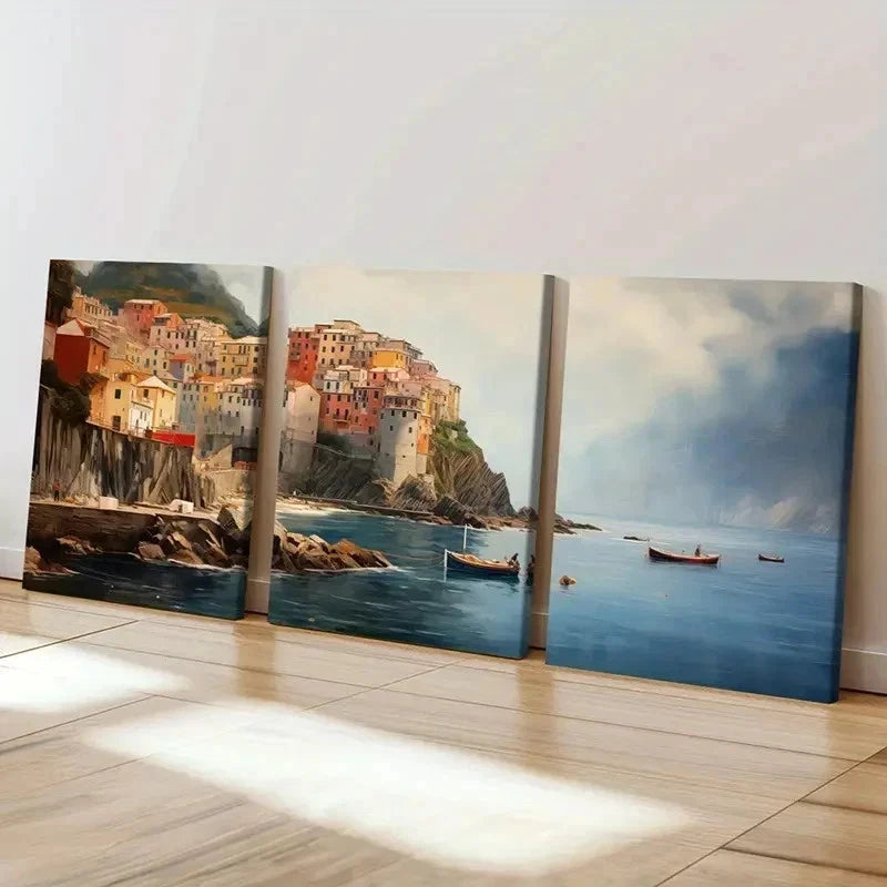 3pcs serene Harbor & Rocky Coastline  Wall Art Set Canvas Framed 40x60cm - High Quality Print 100% Australian Made Wall Canvas Ready to Hang