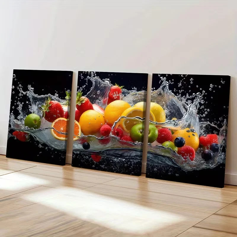 3pcs Vibrant Fruits, Water Splash Modern Paint  Wall Art Set Canvas Framed 60x90cm - High Quality Print 100% Australian Made Wall Canvas Ready to Hang