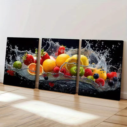 3pcs Vibrant Fruits, Water Splash Modern Paint  Wall Art Set Canvas Framed 60x90cm - High Quality Print 100% Australian Made Wall Canvas Ready to Hang