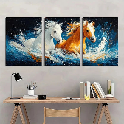 3pcs Animal Theme Horse Foal White and Brown Metal Print Ready to Hang Art