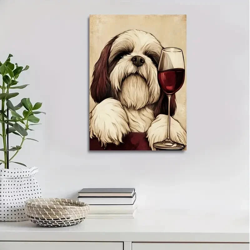 Humorous Depiction of a Lhasa Apso Dog with Wine 40x60cm Metal Print Ready to Hang