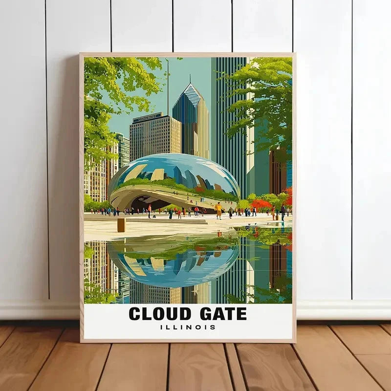 Cloud Gate Illinois Chicago Skyline Lurie Garden Travel Poster Print Wall Art