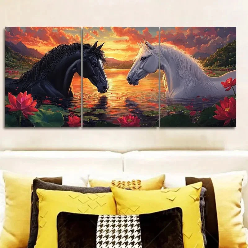 3pcs Wall Art Painting A Black And White Horse Metal Print Ready to Hang Art