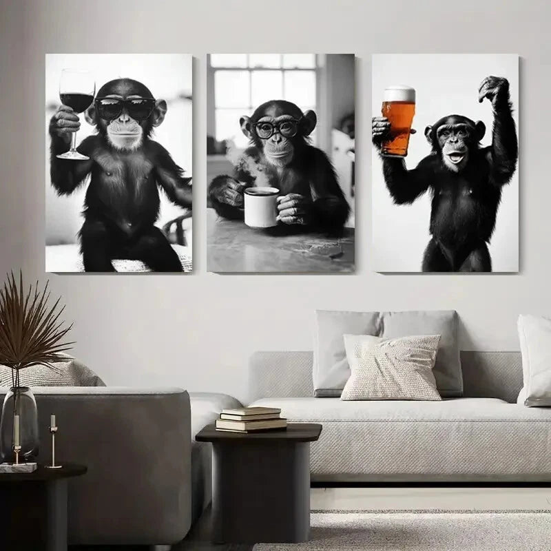3pcs Black and White Monkey with Drinks, Metal Print Ready to Hang Art