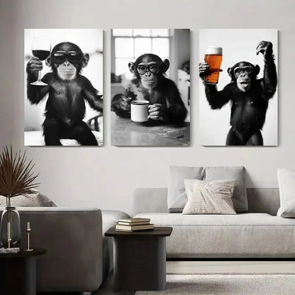 3pcs Black and White Monkey with Drinks, Metal Print Ready to Hang Art