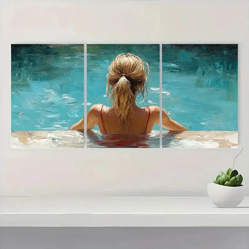 3pcs Woman by Pool, Relaxing Summer TY Wall Art Set Canvas Unframed - High Quality Print 100% Australian Made Wall Canvas