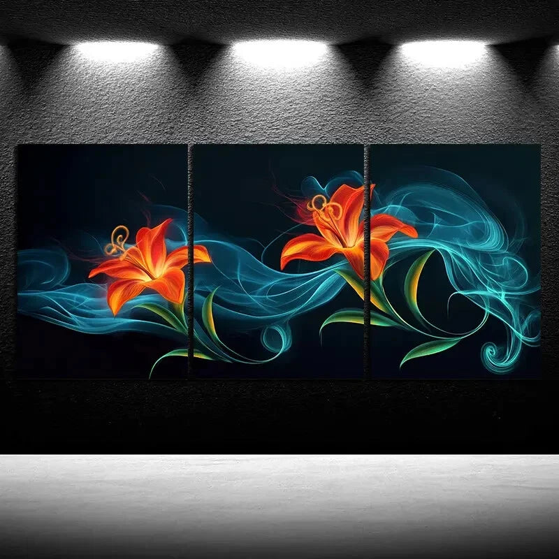 3pcs Beautiful Flowers Orange Blue Metal Print Ready to Hang Art