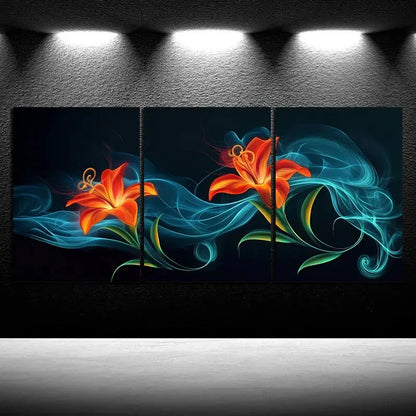 3pcs Beautiful Flowers Orange Blue Metal Print Ready to Hang Art