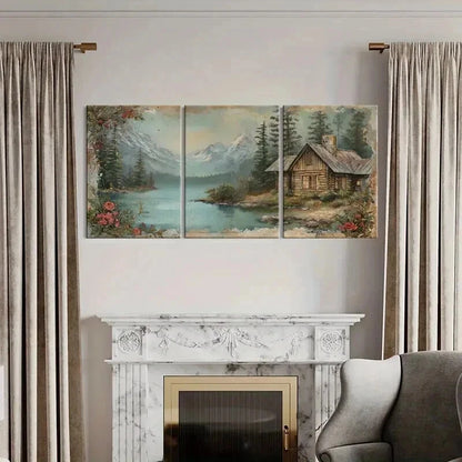 3pcs Rustic Log Cabin Lake View Snowy Mountains Wall Art Set Canvas Framed 40x60cm - High Quality Print 100% Australian Made Wall Canvas Ready to Hang