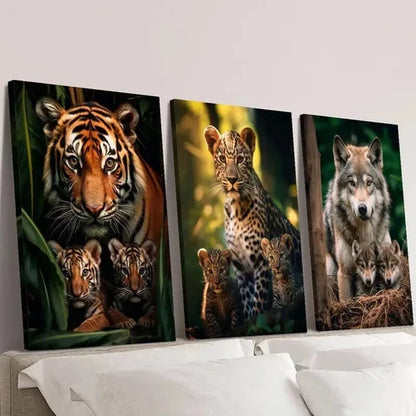 3pcs Vibrant Tiger Leopard & Wolf Family Wall Art Canvas Unframed – High Quality Print 100% Australian Made Wall Canvas
