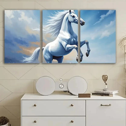 3pcs White Horse Running Abstract Art Wall Art Set Canvas Framed 60x90cm - High Quality Print 100% Australian Made Wall Canvas Ready to Hang