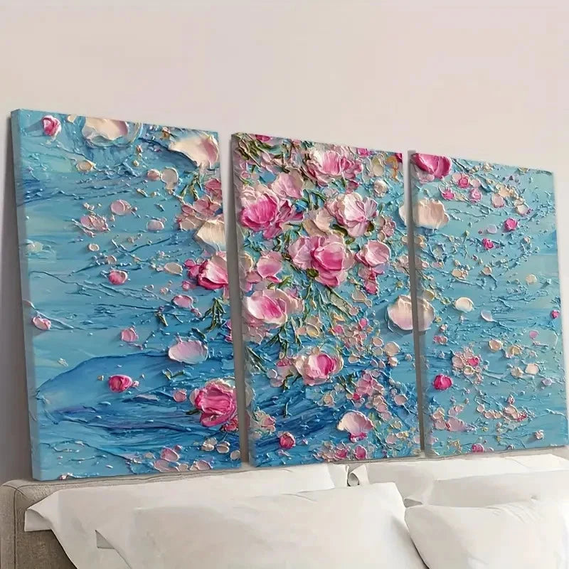 3pcs Humorous, Abstract Blue And Pink Floral Wall Art Set Canvas Framed 50x70cm - High Quality Print 100% Australian Made Wall Canvas Ready to Hang