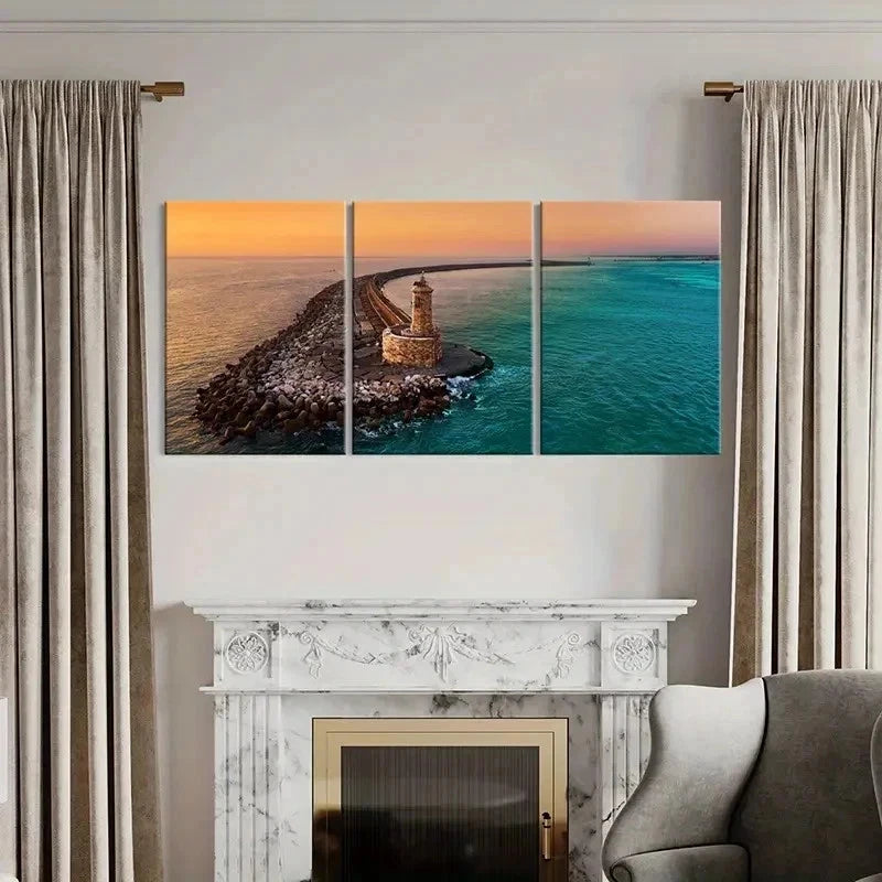 3pcs Sunset Sea Lighthouse Pier Modern Wall Art Set Canvas Framed 40x60cm - High Quality Print 100% Australian Made Wall Canvas Ready to Hang