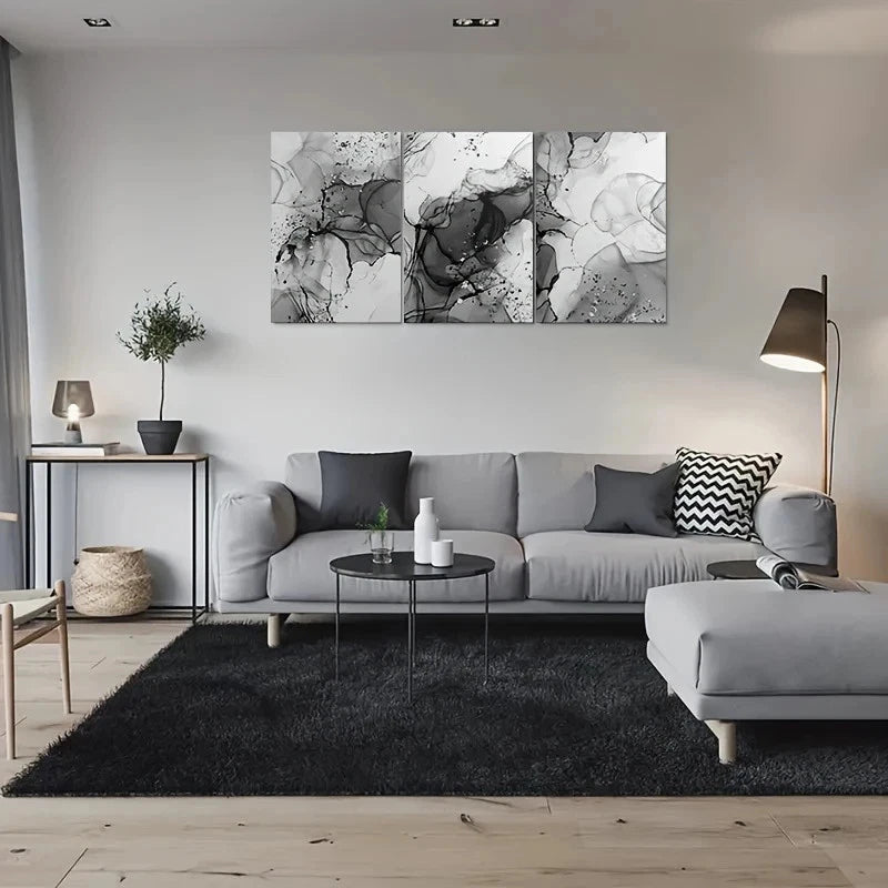 3pcs Abstract Black and White Fluid Metal Print Ready to Hang Art