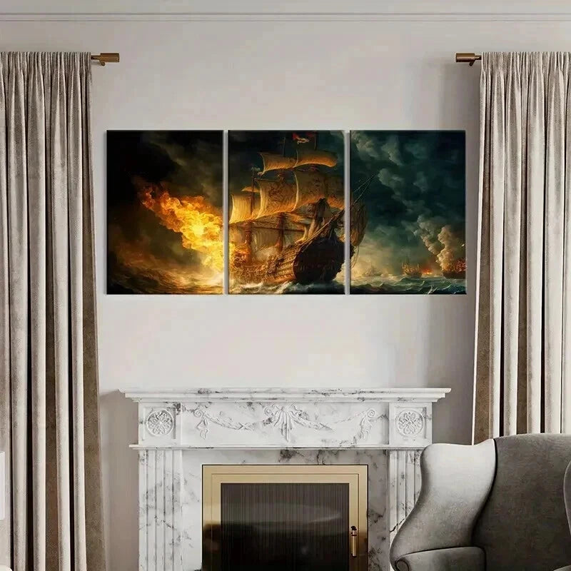 3pcs Pirate Ship On Fire in the Sea Wall Art Set Canvas Framed 40x60cm - High Quality Print 100% Australian Made Wall Canvas Ready to Hang