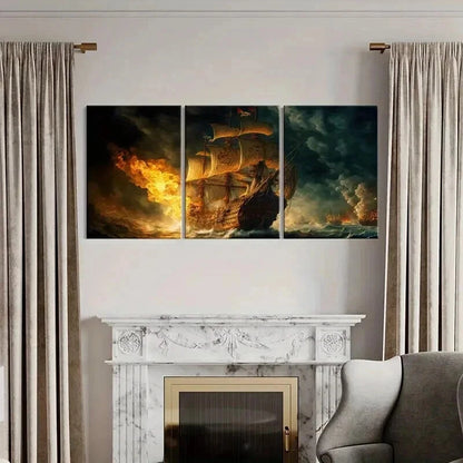 3pcs Pirate Ship On Fire in the Sea Wall Art Set Canvas Framed 40x60cm - High Quality Print 100% Australian Made Wall Canvas Ready to Hang