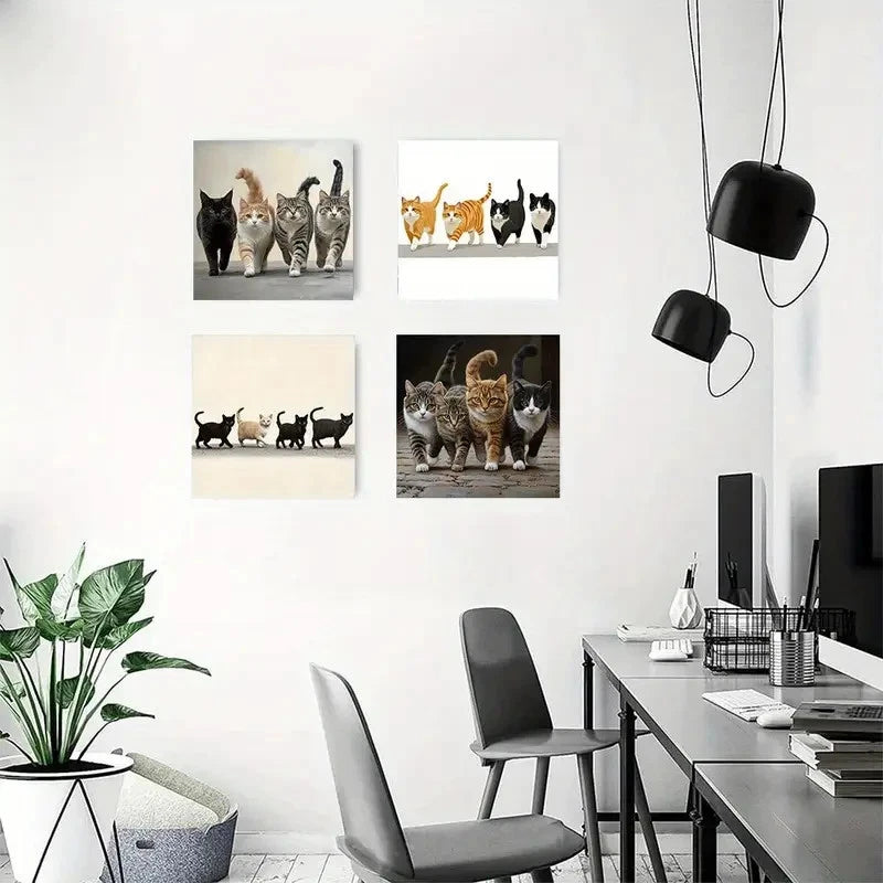 4pcs Four Cats Are Walking Down Wall Art Canvas Framed