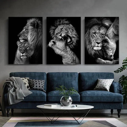 3pcs Black and White Lion African Animal Metal Print Ready to Hang Art