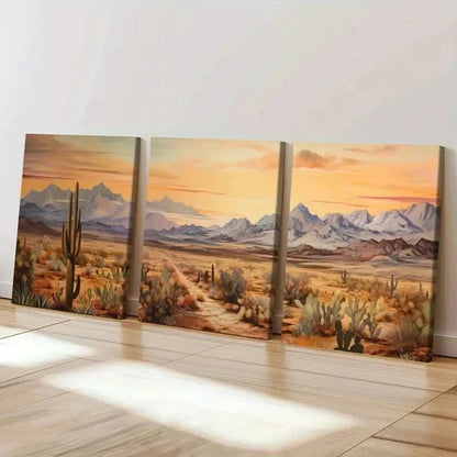 3pcs Cactus Mountains Sunset Orange Sky Wall Art Set Canvas Framed 40x60cm - High Quality Print 100% Australian Made Wall Canvas Ready to Hang