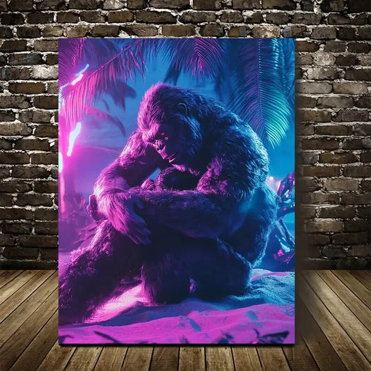 Vibrant Cyberpunk Gorilla Scene with Neon Painting 40x60cm Metal Print Ready to Hang