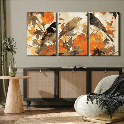 3pcs Birds and Autumn Leaves Elegant Perfect Wall Art Set Canvas Framed 40x60cm - High Quality Print 100% Australian Made Wall Canvas Ready to Hang