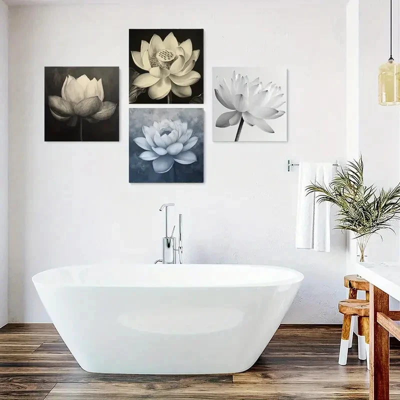 4pcs Lotus Flower Black And White Sketch Wall Art Canvas Framed