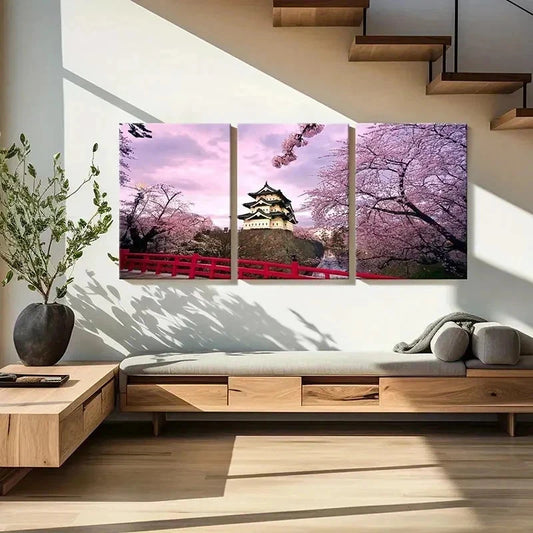 3pcs Hirosaki Castle Cherry Blossoms Wall Art Set Canvas Framed 40x60cm - High Quality Print 100% Australian Made Wall Canvas Ready to Hang