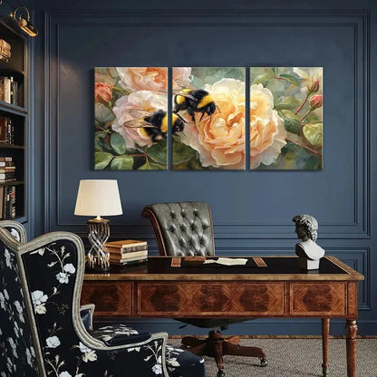 3pcs Vibrant Floral Bee Design Soft Pastel Metal Print Ready to Hang Art