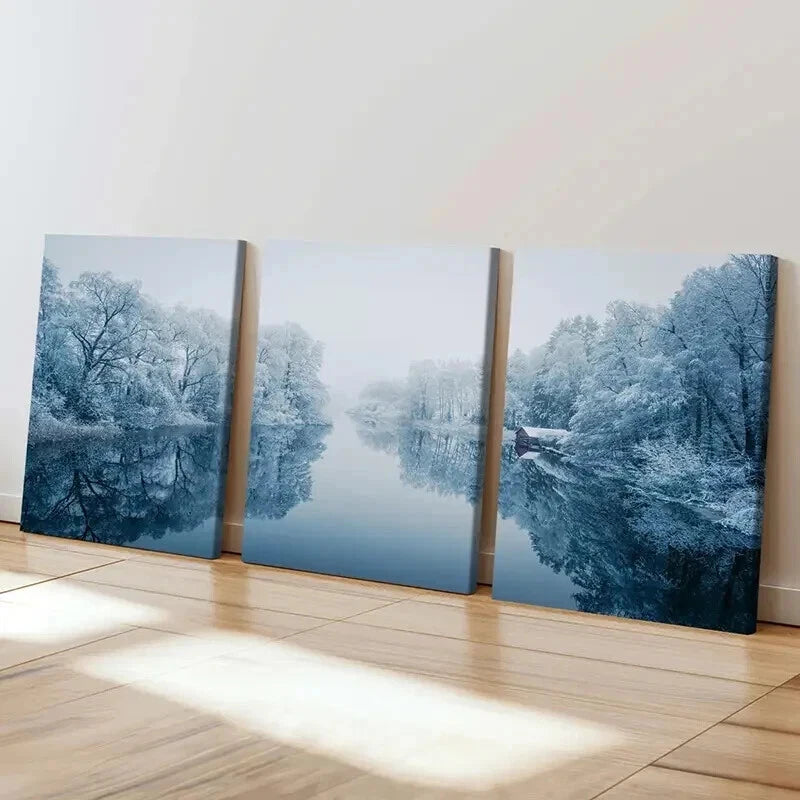 3pcs Winter Snow Scene River Tree Modern Wall Art Set Canvas Framed 40x60cm - High Quality Print 100% Australian Made Wall Canvas Ready to Hang