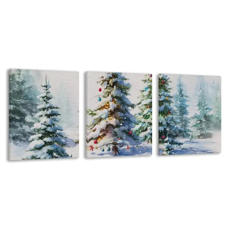 3pcs Trees with Snow Covered Pine Trees & Red  Wall Art Set Canvas Framed 60x90cm - High Quality Print 100% Australian Made Wall Canvas Ready to Hang