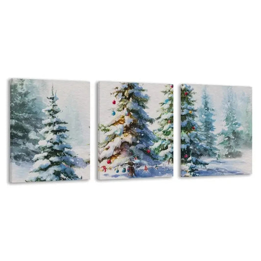 3pcs Trees with Snow Covered Pine Trees & Red  Wall Art Set Canvas Framed 60x90cm - High Quality Print 100% Australian Made Wall Canvas Ready to Hang