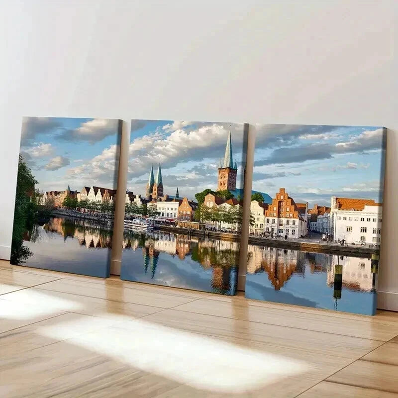 3pcs European Town Landscape with River Wall Art Set Canvas Framed 40x60cm - High Quality Print 100% Australian Made Wall Canvas Ready to Hang