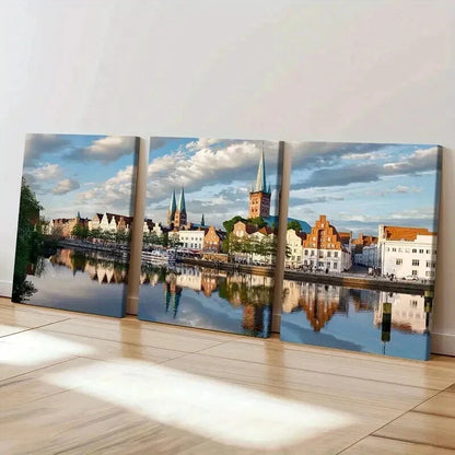 3pcs European Town Landscape with River Wall Art Set Canvas Framed 40x60cm - High Quality Print 100% Australian Made Wall Canvas Ready to Hang
