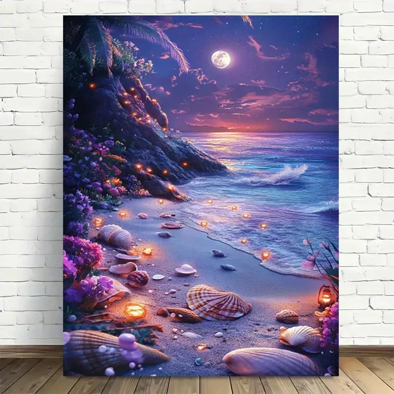 Beautiful Enchanted Beach Night Scene Painting 40x60cm Metal Print Ready to Hang