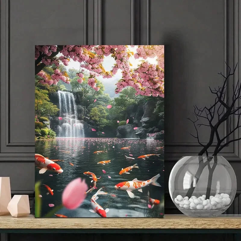 Beautiful Koi Pond with Cherry Blossoms Floating 40x60cm Metal Print Ready to Hang